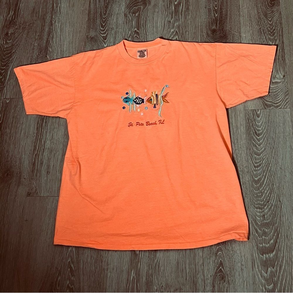 Vtg Single Stitch Oneita Color Wear Orange St Pete Embroidered Fish Tee Shirt XL
